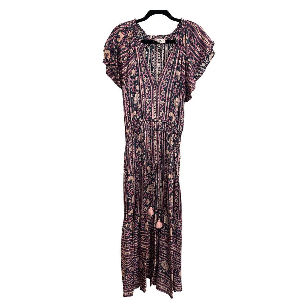 Omika Boho Floral Print Maxi Dress in Navy and Pink